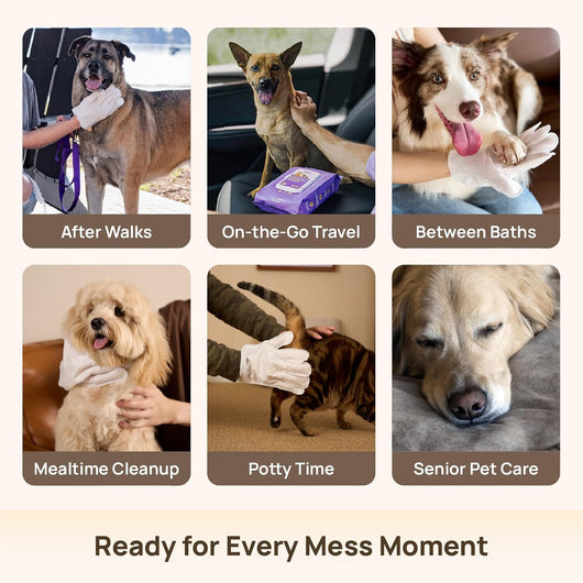 Deodorizing Pet Glove Wipes — Waterless Cleaning for Dogs & Cats